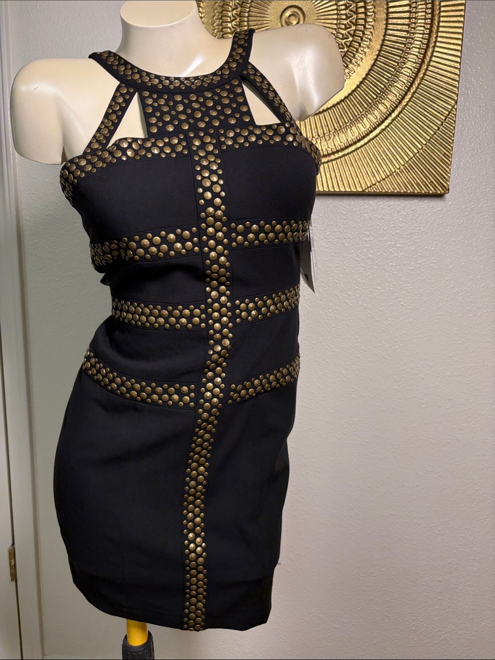 BCBGMaxAzria Black Mini Dress with Gold Studs